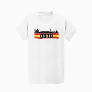 Wit T-shirt met zwarte skyline en het getal “0570” op een rood-gele achtergrond.