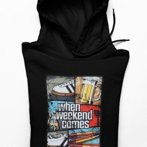 Zwarte hoodie met kleurrijke “When Weekend Comes” print, sneakers en bierglas illustratie.