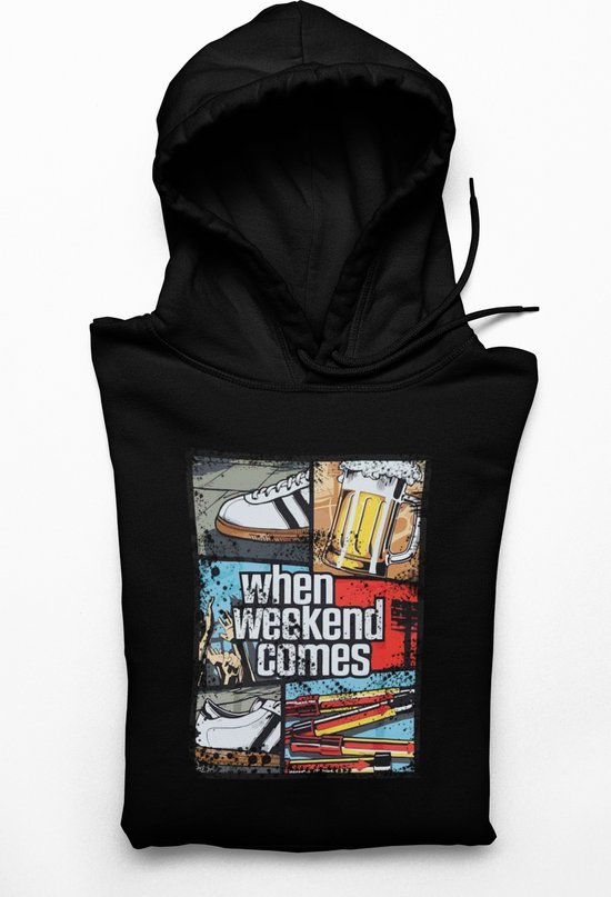 Zwarte hoodie met kleurrijke “When Weekend Comes” print, sneakers en bierglas illustratie.