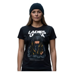 Dames Voetbalsupporters T-shirt - Slimfit - Ladies Ultras - Zwart V-Hals