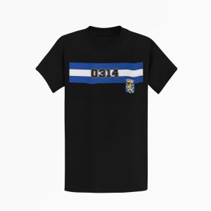T-shirt met blauw-witte strepen, nummer 0314 en stadswapen van Doetinchem.
