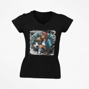 Zwart dames T-shirt met kleurrijke print van vrouwelijke voetbalsupporter met bal – sportief en stijlvol.