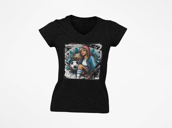 Zwart dames T-shirt met kleurrijke print van vrouwelijke voetbalsupporter met bal – sportief en stijlvol.