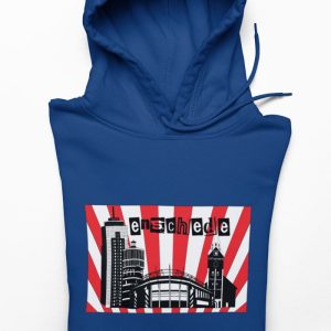 Blauwe hoodie met Enschede skyline ontwerp en rode zonnestralen achtergrond