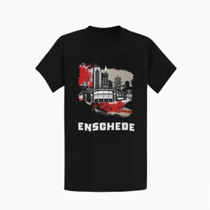 T-shirt met skyline print van Enschede in rood-wit-zwart design.