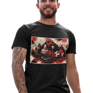 Zwart T-shirt met rood-zwarte ultras voetbal supporters print en megafonen