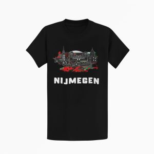 T-shirt met skyline print van Nijmegen in rood-groen-zwart design.