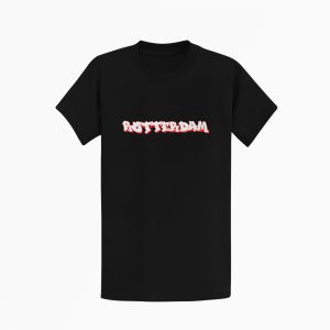 Wit T-shirt met groene graffiti stijl tekst "Rotterdam" op de borst.