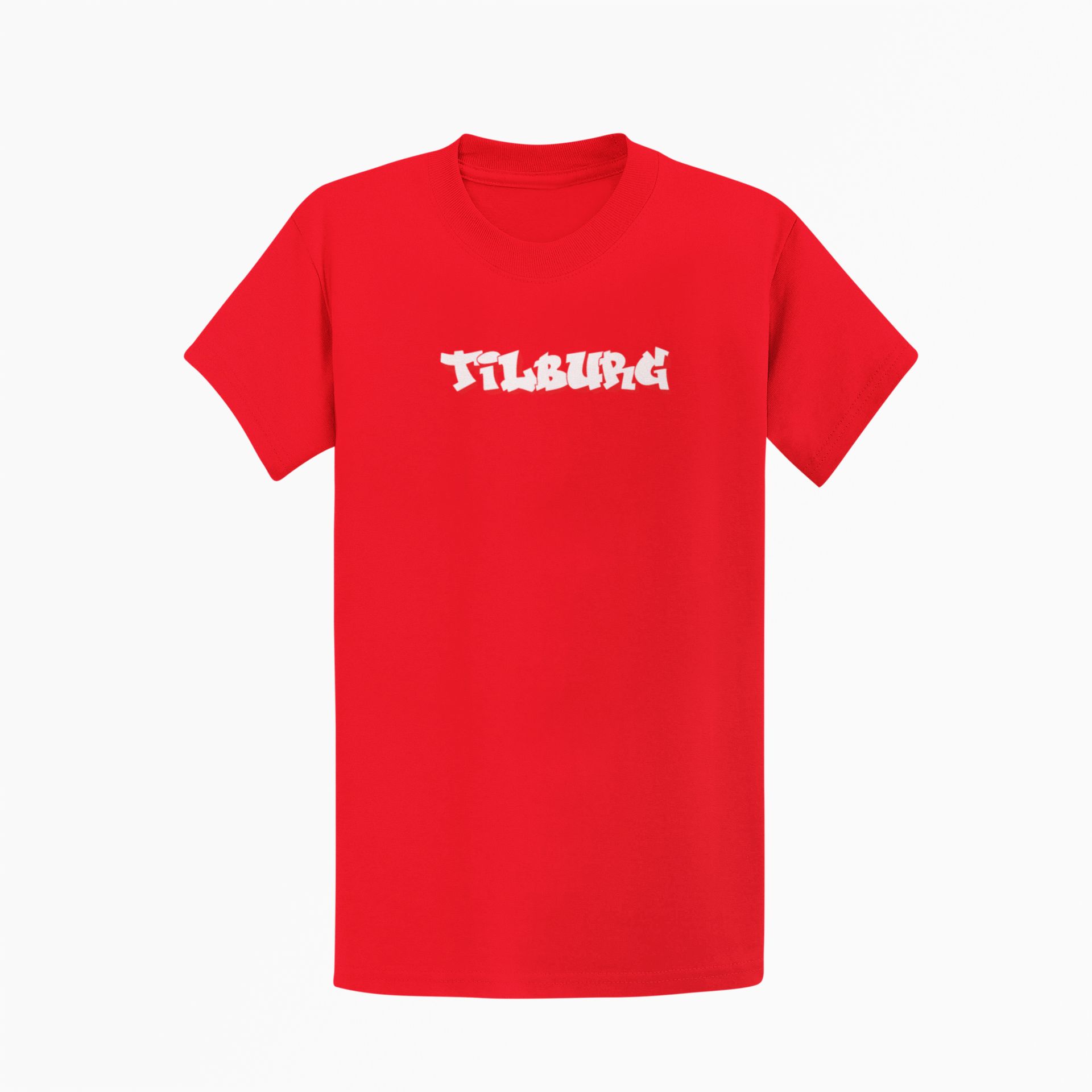 Wit T-shirt met het woord "Tilburg" in rood-witte graffiti-stijl op de borst.