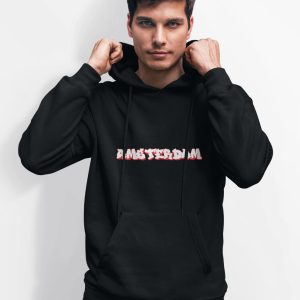 Zwarte unisex Amsterdam hoodie met witte print en capuchon – ideaal als streetwear en souvenir