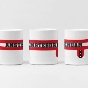 amsterdam mok, wit, rood-witte horizontale streep, naam “Amsterdam”, stadswapen rechts, supportersdesign, supporterskantine, fanartikel