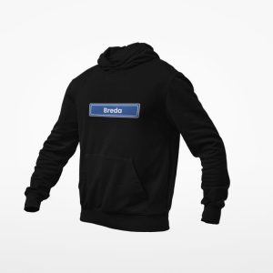 Zwarte hoodie met blauw stadsbord en Breda tekst