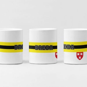 Breda mok met gele–zwarte–gele stripe en stadswapen