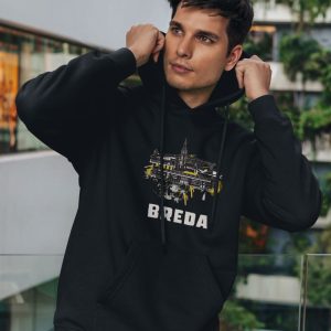 Skyline Breda zwarte hoodie met grunge achtergrond en gele accenten ā supportersdesign