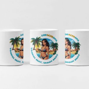 Witte mok met COP ACAB ANA-ontwerp: vrouw in bikini met palmbomen en zee op de achtergrond.