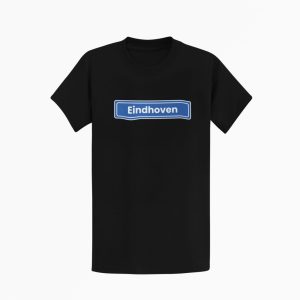 T-shirt bedrukt met blauw plaatsnaambord met de naam Eindhoven op de borst.