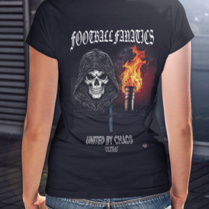 Zwart dames T-shirt met skull en fakkel print, ultras stijl