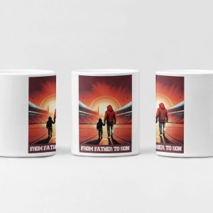 Witte mok met From Father to Son-ontwerp: vader loopt met zijn zoontje richting het stadion.