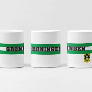 groningen mok, wit, groen-witte horizontale streep, naam “Groningen”, stadswapen rechts, supportersdesign, supporterskantine, fanartikel