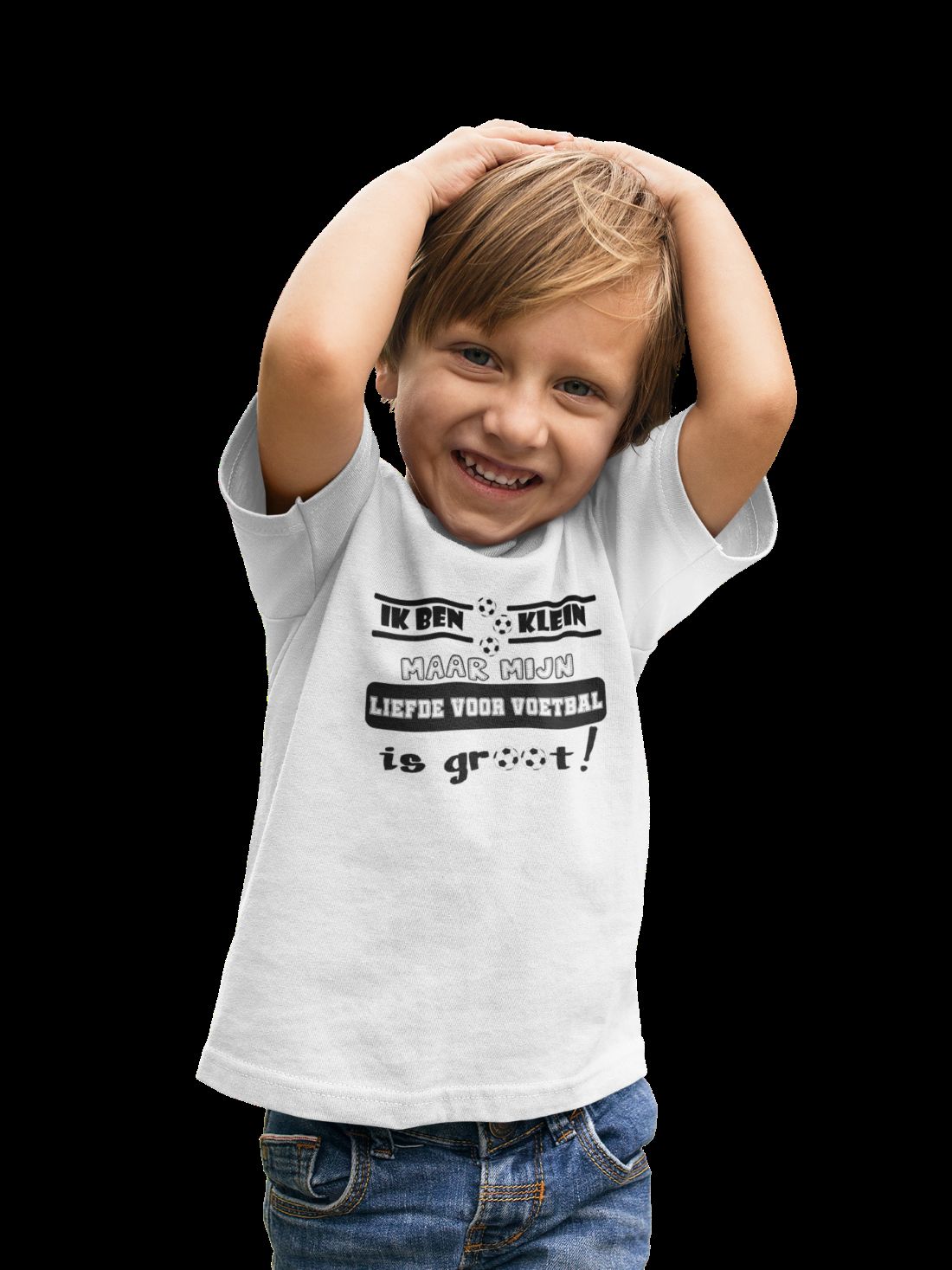 kinder T-shirt met de tekst “Ik ben klein maar mijn liefde voor voetbal is groot