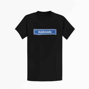 T-shirt bedrukt met blauw plaatsnaambord met de naam Kerkrade op de borst.