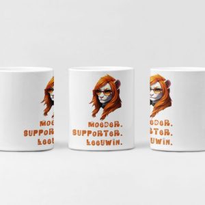 Witte mok met Moeder. Supporter. Leeuwin.-ontwerp: leeuwinnenkop met zonnebril.
