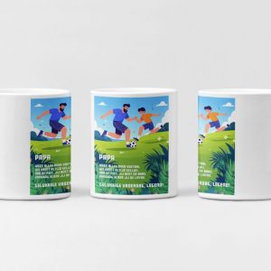 Witte mok met Papa-ontwerp: kleine jongen voetbalt samen met zijn vader.