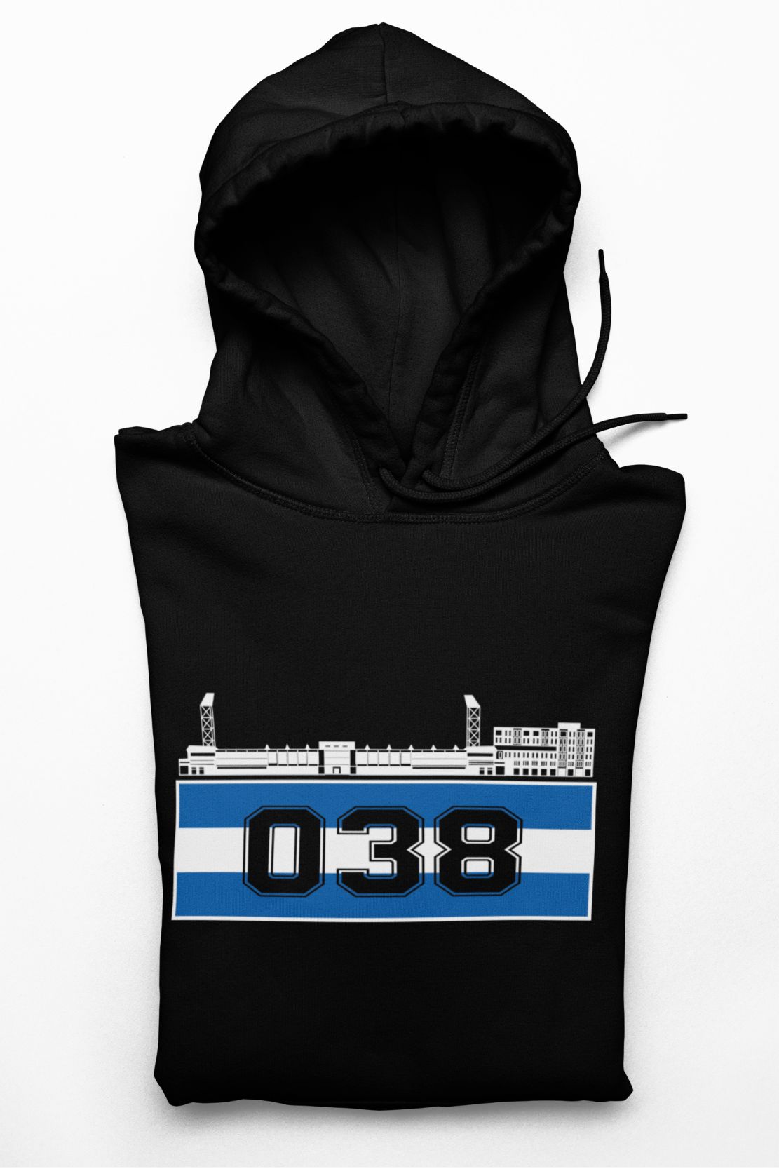 Zwarte Zwolle supporters hoodie met 038-regiocode en stadiondesign in wit-blauw