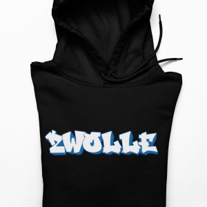 Zwarte Zwolle supporters hoodie met wit-blauw graffiti design – streetwear stijl
