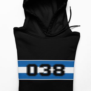 Zwarte Zwolle supporters hoodie met 038-regiocode en stadiondesign in wit-blauw