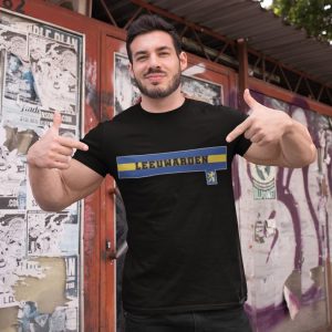 T-shirt met blauw-witte horizontale strepen en stadswapen van Leeuwarden