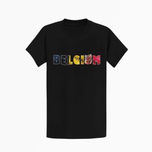 Zwart T-shirt met opschrift Belgium in de Belgische nationale kleuren zwart-geel-rood