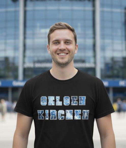 Man met GELSENKIRCHEN T-shirt met blauw-wit stadsdesign – Supporterskantine.nl