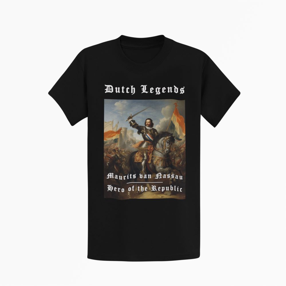 Zwart Dutch Legends T-shirt met historische print van Maurits van Nassau, Held van de Republiek, patriottisch shirt