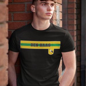 T-shirt met groen-gele horizontale strepen en stadswapen van Den Haag