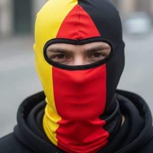 Bivakmuts in de kleuren zwart, geel en rood van de Belgische vlag op een model.