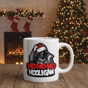 Witte kerst voetbal mok met HO-HO-HO HOOLIGAN supporter design