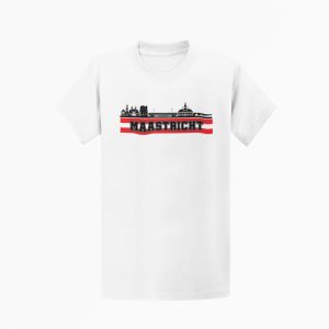 unisex T-shirt met de skyline van Maastricht boven een rood-witte vlag.