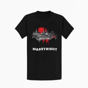 heren T-shirt met de skyline van Maastricht en rode verfspatten.