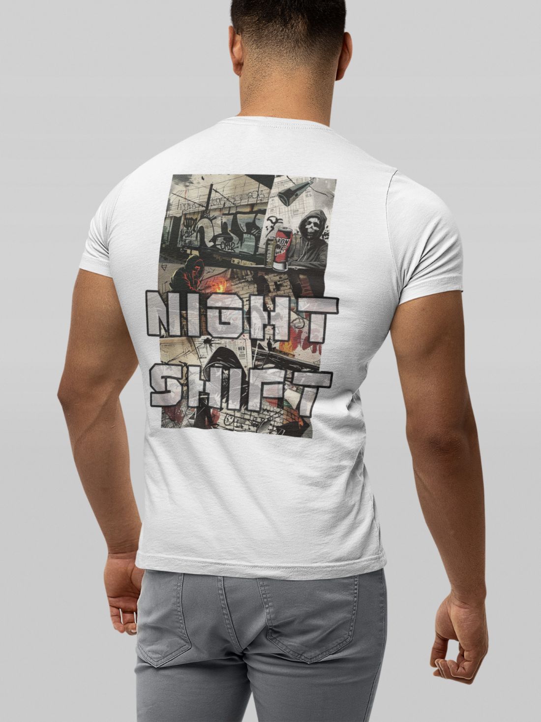 Night Shift T-shirt voor ultras/hooligans met wit 'H' schildlogo op de borst en verweerde kerk/graveyard print op de rug.