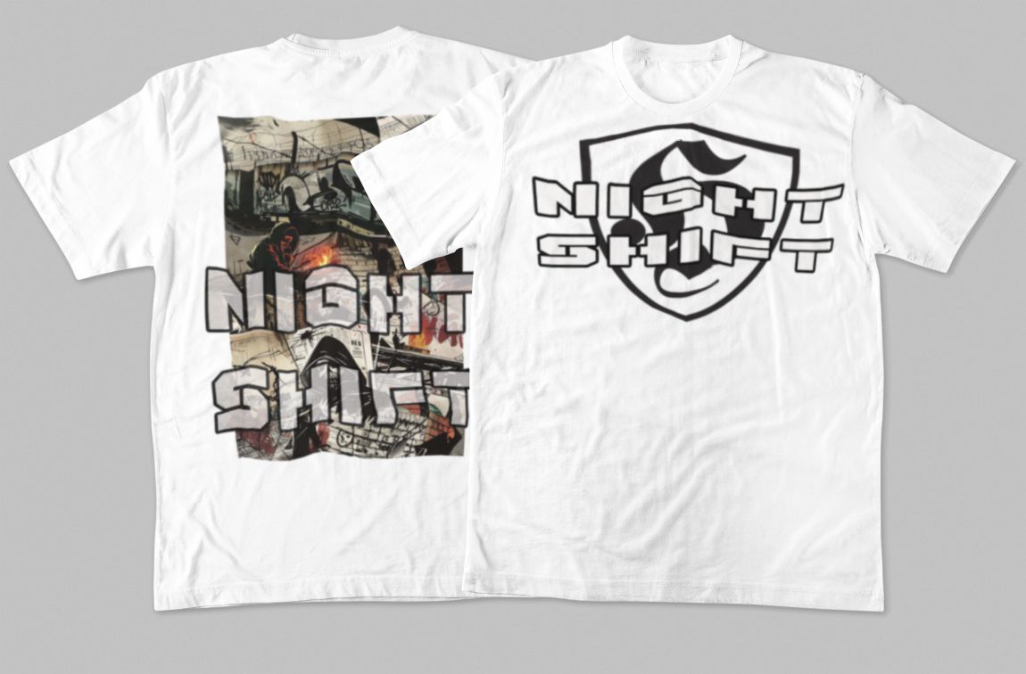 Night Shift T-shirt voor ultras/hooligans met wit 'H' schildlogo op de borst en verweerde kerk/graveyard print op de rug.