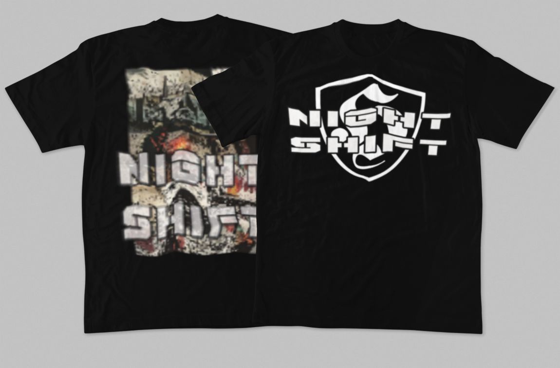 Night Shift T-shirt voor ultras/hooligans met wit 'H' schildlogo op de borst en verweerde kerk/graveyard print op de rug.