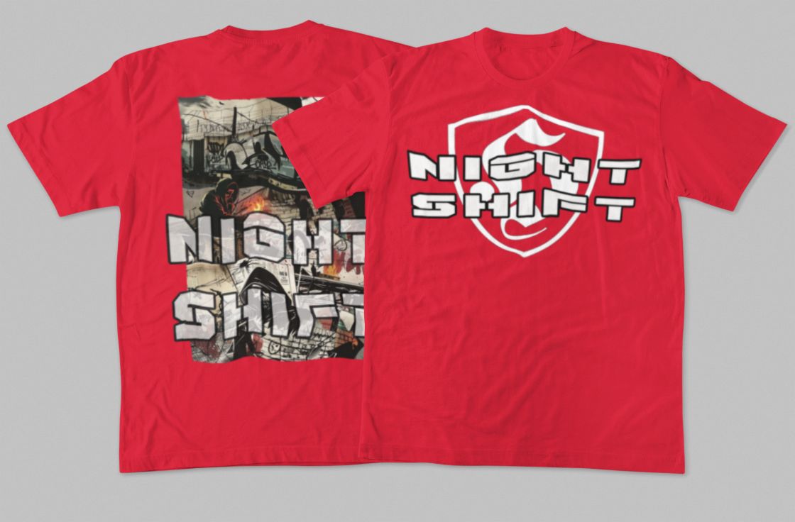 Night Shift T-shirt voor ultras/hooligans met wit 'H' schildlogo op de borst en verweerde kerk/graveyard print op de rug.
