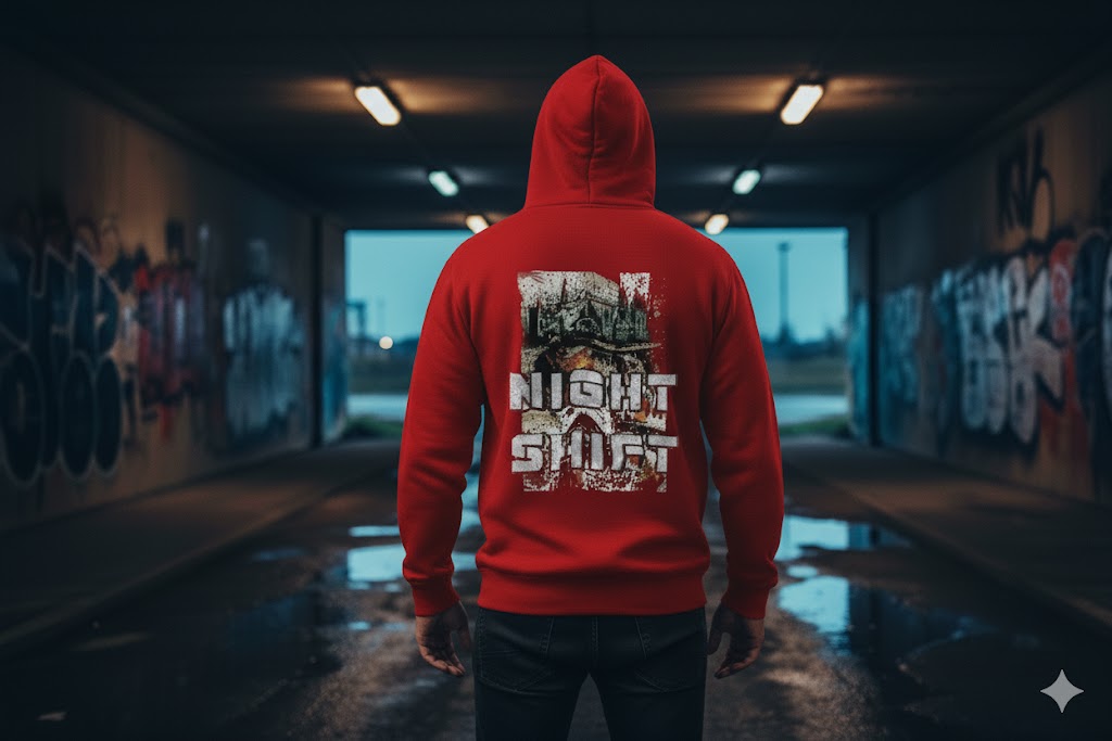 Night Shift Ultras hoodie met groot wit 'H' schildlogo op de borst en verweerde kerk/graveyard print op de rug.