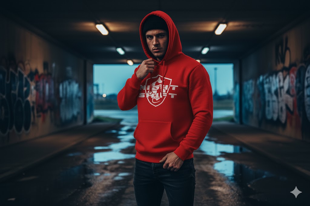 Night Shift Ultras hoodie met groot wit 'H' schildlogo op de borst en verweerde kerk/graveyard print op de rug.
