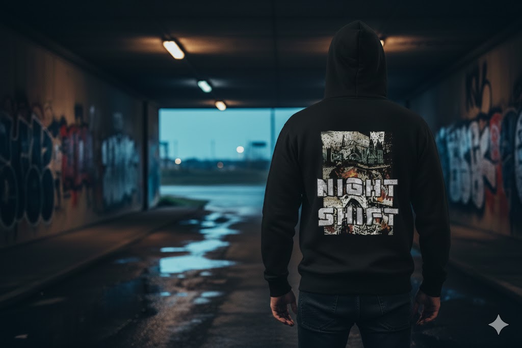 Night Shift Ultras hoodie met groot wit 'H' schildlogo op de borst en verweerde kerk/graveyard print op de rug.