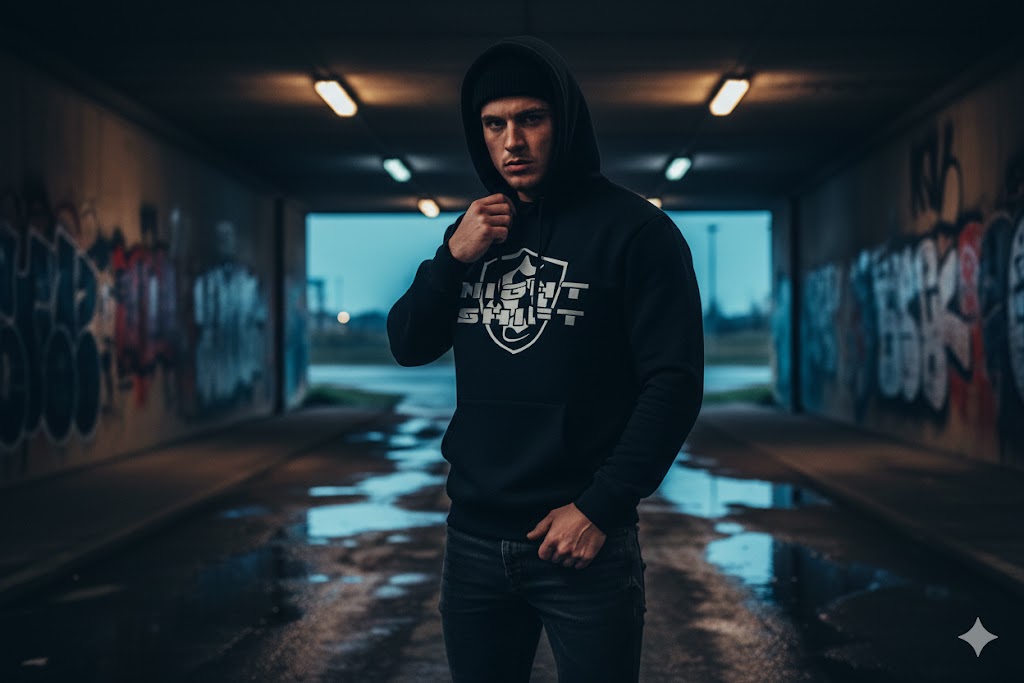 Night Shift Ultras hoodie met groot wit 'H' schildlogo op de borst en verweerde kerk/graveyard print op de rug.