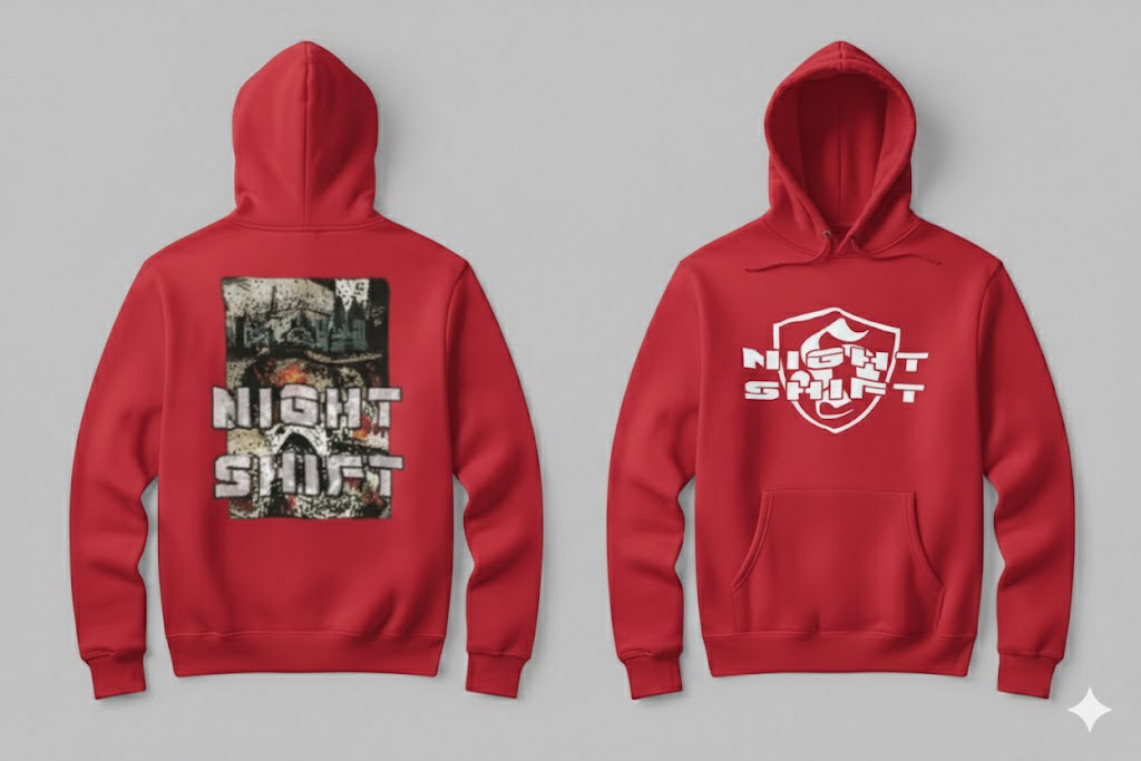 Night Shift Ultras hoodie met groot wit 'H' schildlogo op de borst en verweerde kerk/graveyard print op de rug.