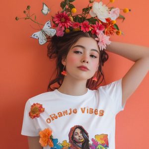T-shirt met levendige graffiti print van een vrouw met capuchon en 'Oranje Vibes' opdruk
