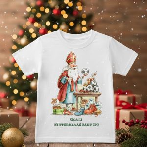 Kinder T-shirt met Sinterklaas die een voetbal in zijn zak stopt, karácsonyi hatter rood wit